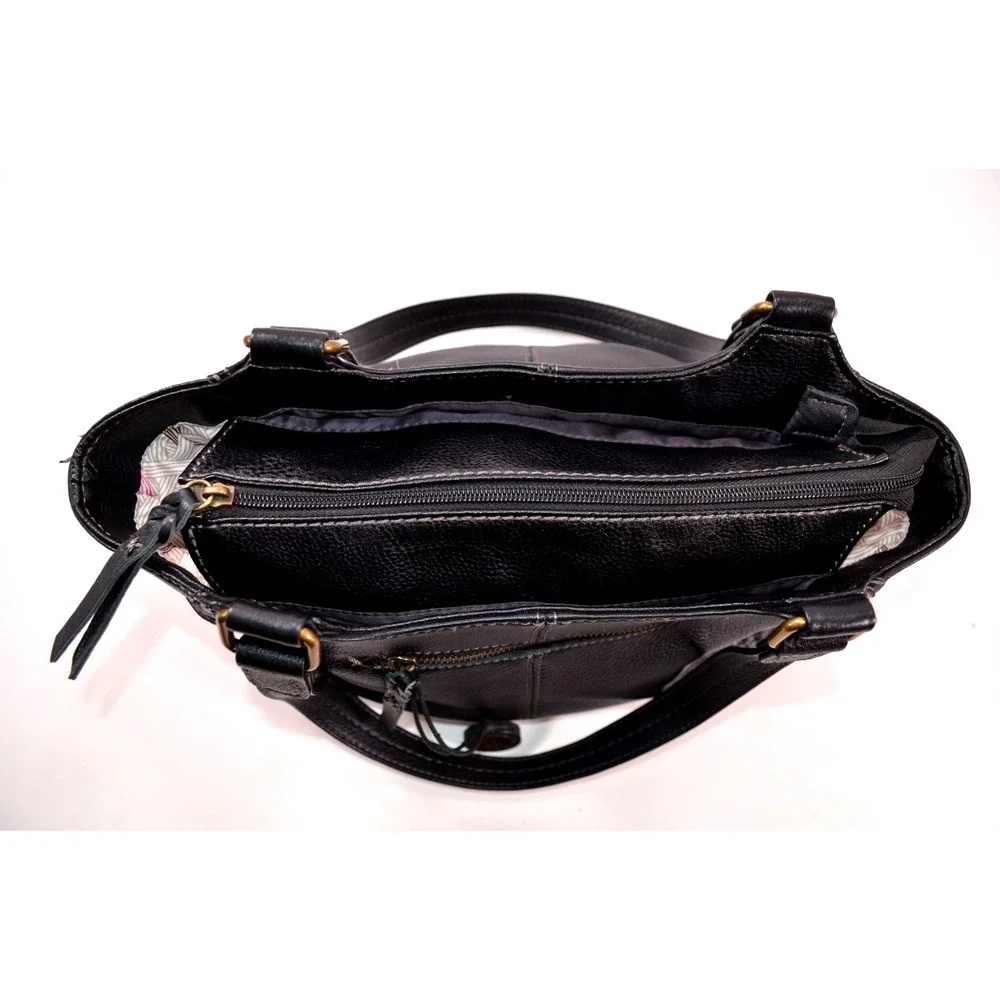 The Sak Black Pebbled Leather Hobo Shoulder Bag Zip Double Handle‎ 3 Section